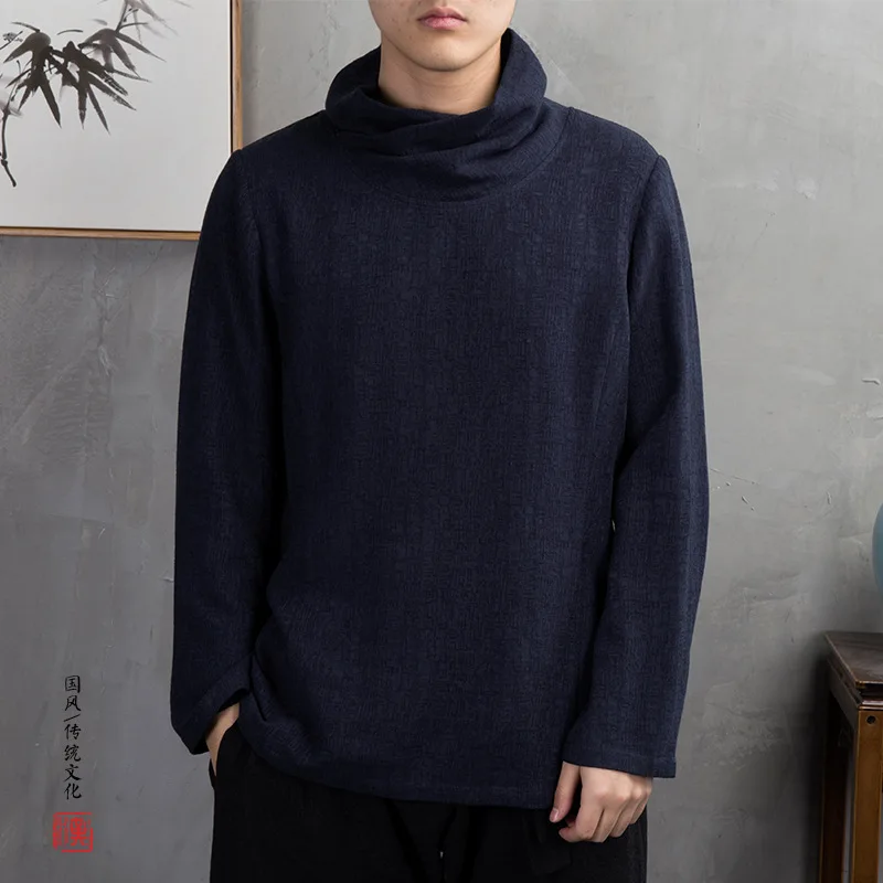 

#4480 Spring Casual Cotton Linen T Shirt Men Turtleneck Long Sleeve Plus Size 5XL Loose Vintage Vintage Hip Hop Men Linen Shirts