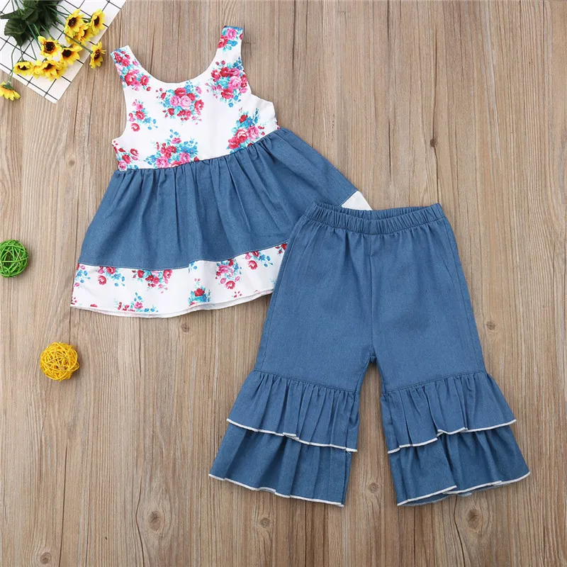 

Princess Kids Baby Girls Denim Clothes Sets 2Pcs Summer Flowers Sleeveless Vest Tops Ruffle Long Flare Pants Girl Outfits 1-5Y