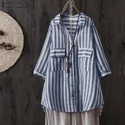 Мода 2019 г. ZANZEA элегантный полосатый работы OL Blusas Весна повседневное 3/4 рукав блузка Blusas для женщин с лацканами пуговицы свободная рубашк