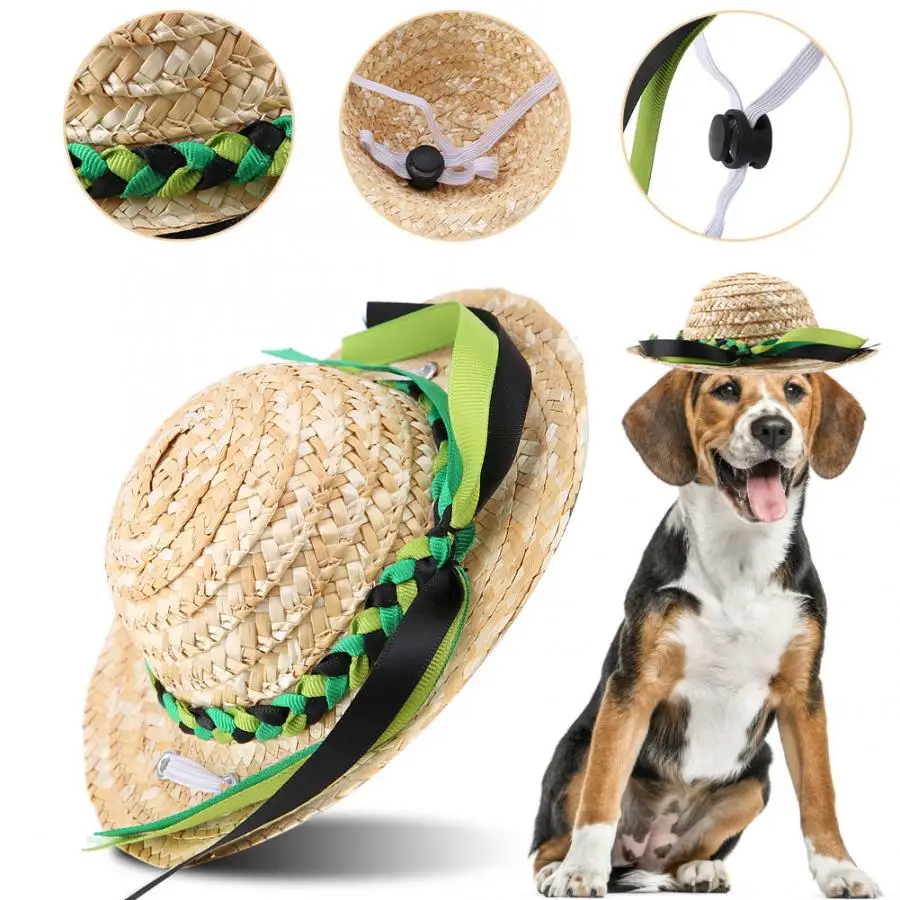 Соломенная мини шляпа Sombrero для маленьких питомцев/щенков/кошек с шелковой лентой
