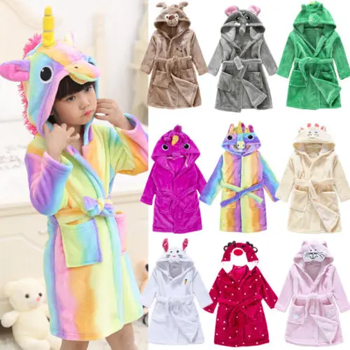 Fashion Toddler Baby Girls Boys Flannel Hooded Bathrobe Towel Sleepwear Pajamas
