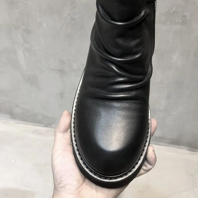 Ботинки «Челси» на толстом каблуке; мужские ботинки до середины икры из натуральной кожи; Цвет Черный; ботинки со складками; однотонная зимняя обувь; размеры США 6-10