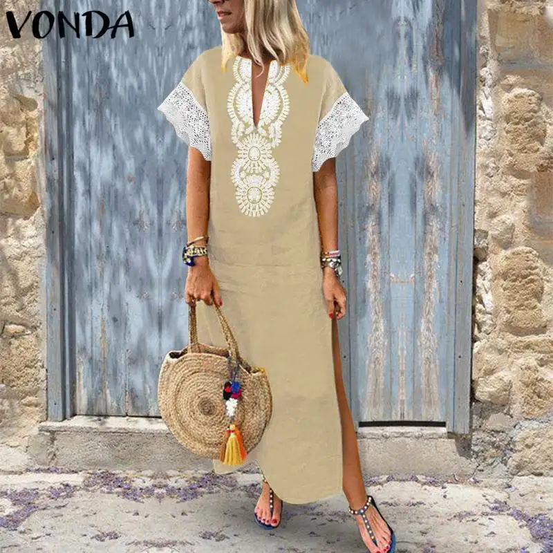 VONDA Women Sexy Maxi Long Dress 2018 Summer Vintage V Neck Short Sleeve Bohemian Split Lace Patchwork Party Vestidos Plus Size
