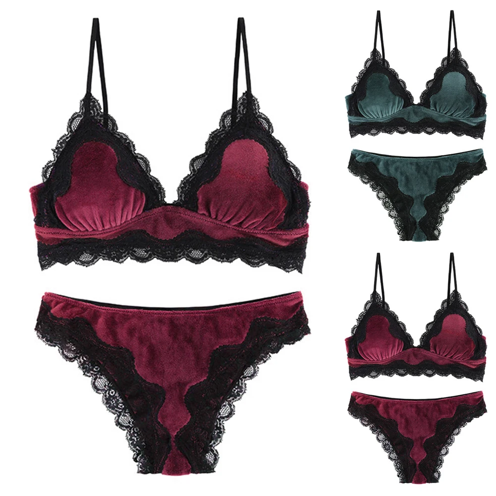 Woman Bralette Thin Panty Lingerie Underwear Set Seamless Bra Patchwork Style Velvet Lace Sexy Elegant Solid Adjustable Woman Bralette Thin Panty Lingerie Underwear Set Seamless Bra Patchwork Style Velvet Lace Sexy Elegant Solid Adjustable