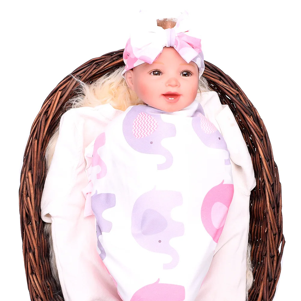 

Newborn Baby Swaddle Floral Receiving Blankets with Hospital Headband Value Set Elephant