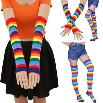 

Women Girl Stripe Knee Thigh High Long Sock Stretchy Fingerless Gloves Mitten