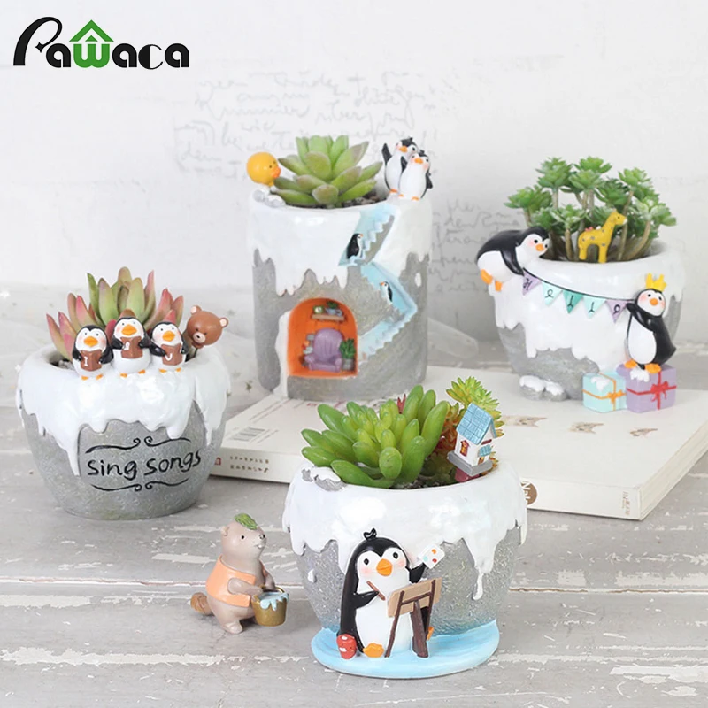 

Cute Cartoon Antactic Penguins Series Resin Planters Gardening Pots Cactus Succulent Flower Pot Home Decoration Pen Holder Craft