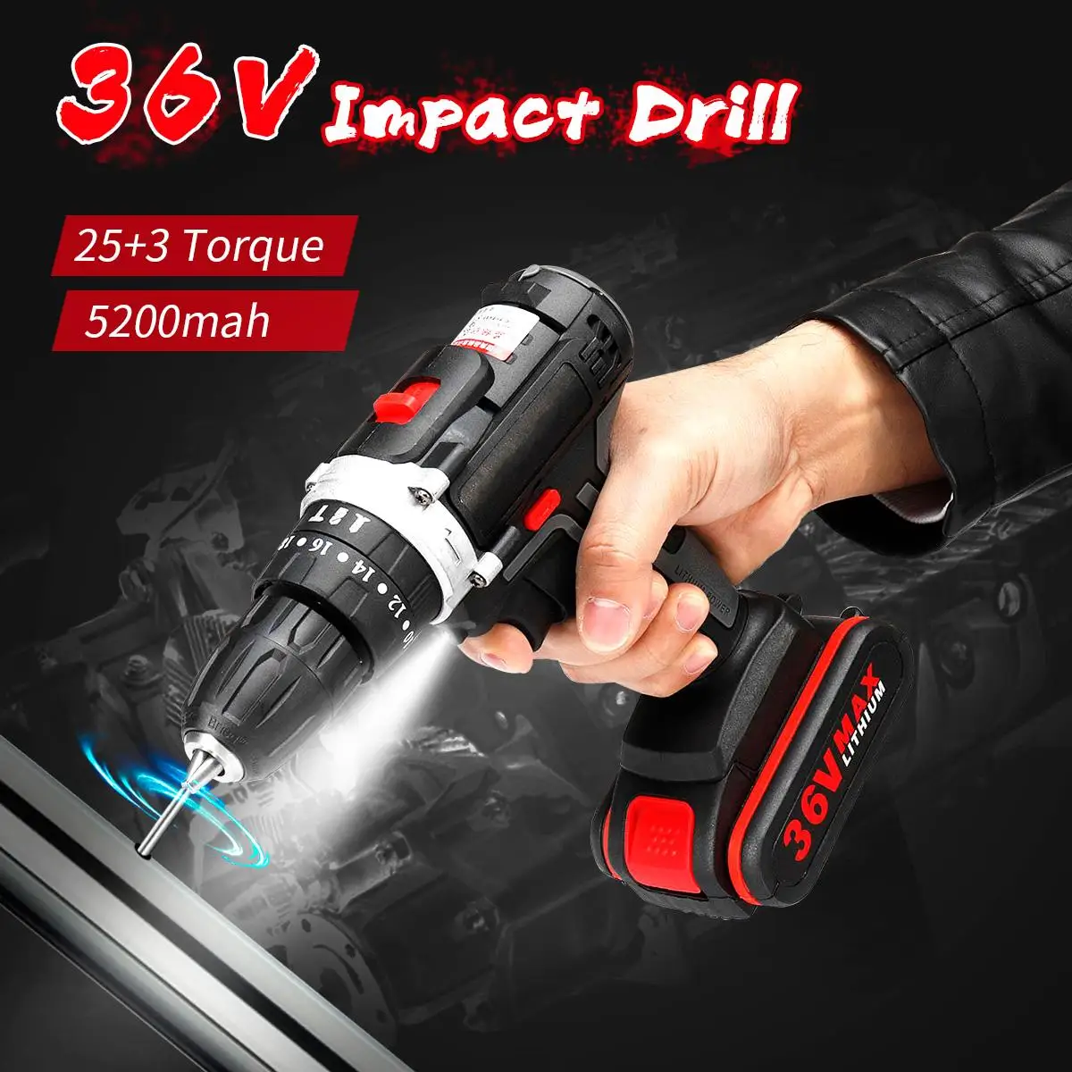 

36V Cordless Electric Drill Lithium Battery Screwdriver 25+3Torque LED Working Light DIY Home Hand Impact Flat Drill Power Tools