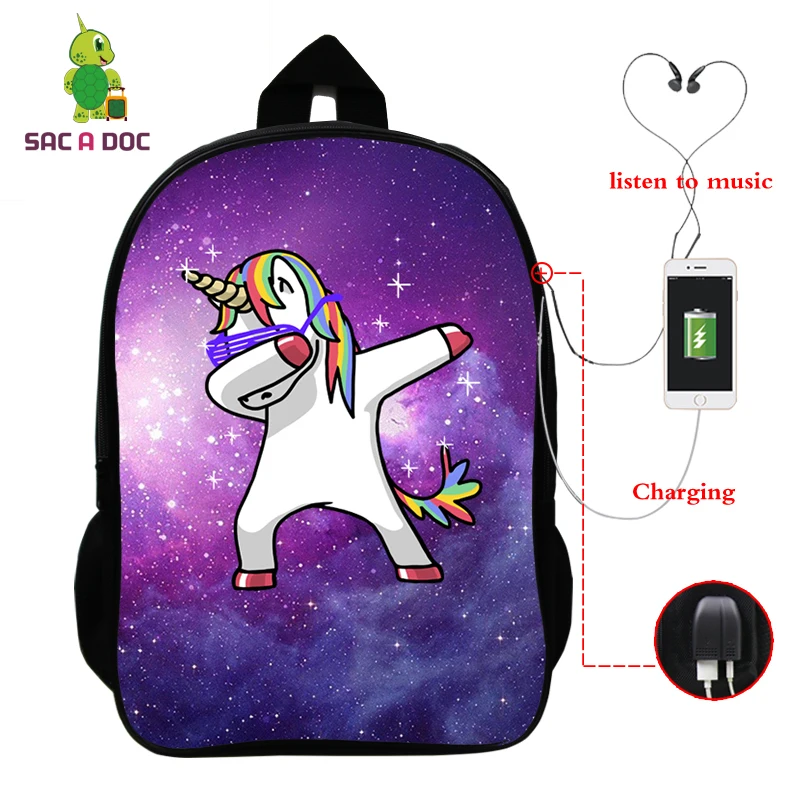 Рюкзак с единорогом Mochila Unicornio, рюкзак для ноутбука, рюкзак для подростков, женщин, мужчин, повседневный рюкзак с изображением Галактики, школьные сумки для путешествий, USB зарядка