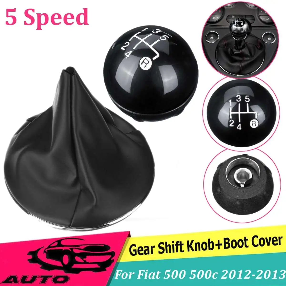 

5 Speed Gear Shift Knob Stick With Dust Cover For Fiat 500 500c 2012 2013 Sitck Head Leather Gloss Black Cap Replacement