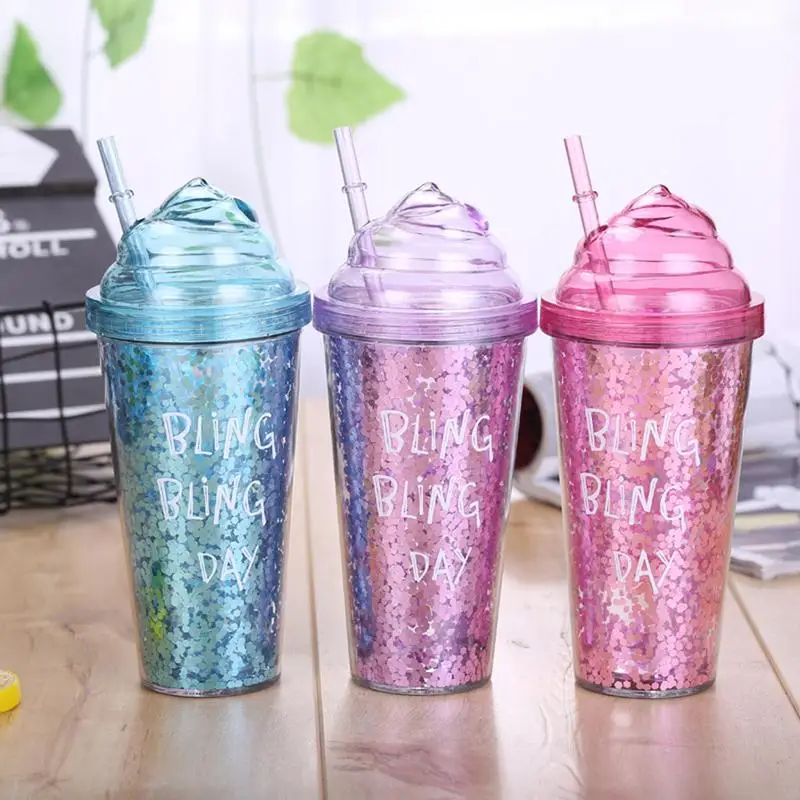 

New 500ml Glitters Pattern Double Layer Plastic Straw Bottle Innovative Gift Ice Cream Straw Healthy Drink Bottle for Outdoor