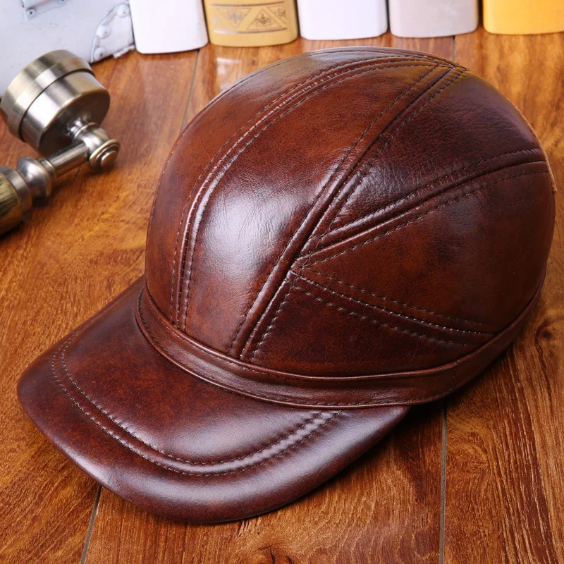 

Leather Hat Male Keep Warm Cowhide Hats Outdoors Earmuffs Genuine Leather Peaked Cap