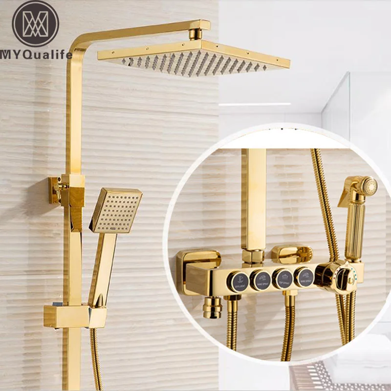 

Thermostatic Golden Shower Faucet Set Wall Mounted Temperature Control Shower Mixers with Hand Shower Bidet Sprayer Head