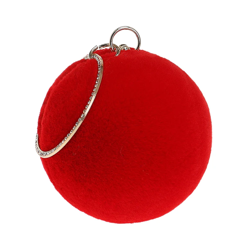 

Winter Women Rabbit Fur Clutch Evening Bag Round Metal Gold Diamods Shoulder Small Female Handbags For Ladies Party Bag