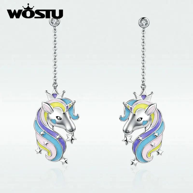 

WOSTU Classic Colorful Unicorn Stud Earrings Original Design Metal CZ Earring For Women Making Fashion Gift SDTE196