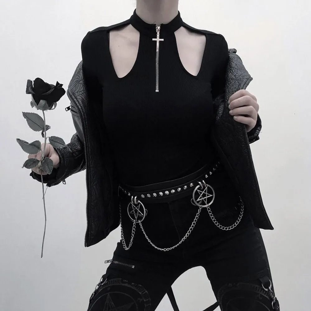 

Women Sweaters Casual Black Chic Cool Gothic Slim Hole Zipper Female Fashion Fall Sexy Tops Hot Sale Goth Punk Style Knitwear