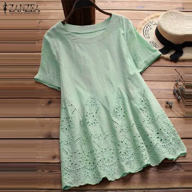 

Summer Top 2019 ZANZEA Women Short Sleeve Solid Blouse Female Shirt Casual Tunic Top Elegant Embroidery Ruffles Linen Work Blusa
