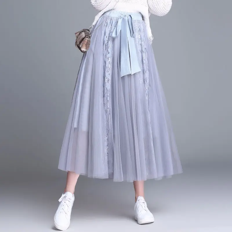 Сезон: весна–лето женские длинные юбки дамы тюль плиссированные юбки Милая Дамская Мода Цветочные Кружева Гофрированный с сеткой юбка Falda Mujer