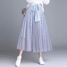 Сезон: весна–лето женские длинные юбки дамы тюль плиссированные юбки Милая Дамская Мода Цветочные Кружева Гофрированный с сеткой юбка Falda Mujer