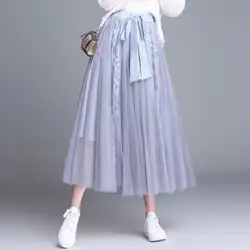 2019 сезон: весна–лето женские длинные юбки дамы тюль плиссированные юбки Милая Дамская Мода Цветочные Кружева Гофрированный с сеткой юбка