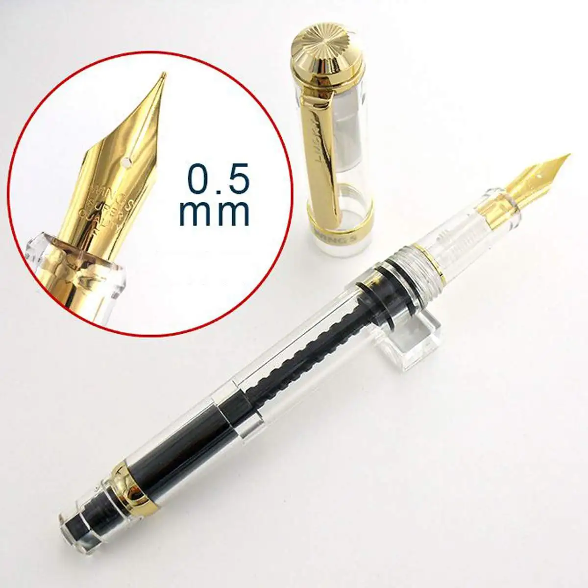 

Kicute 1pcs Fountain Pen 0.5mm Fine Nib Transparent and Black Piston Fountain Pens Set With Box Bussiness School Supplies Gifts