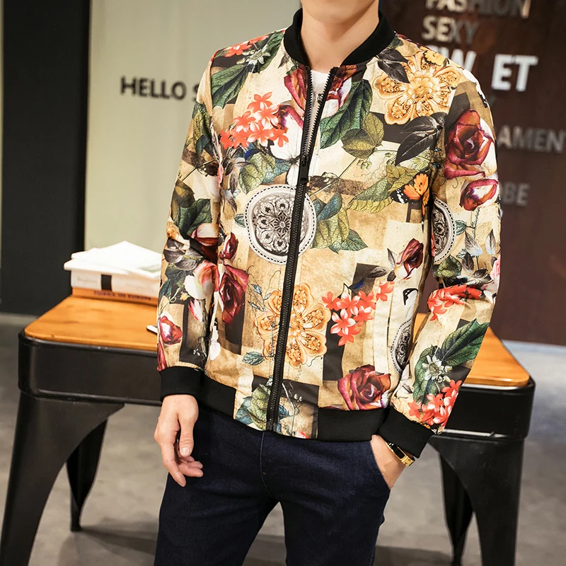 Hip Hop Jacket Men Slim Fit Flowers Pilot Bomber Jacket Men's Stand Collar Coats Male Clothing Streetwear Jacket Chaqueta Hombre