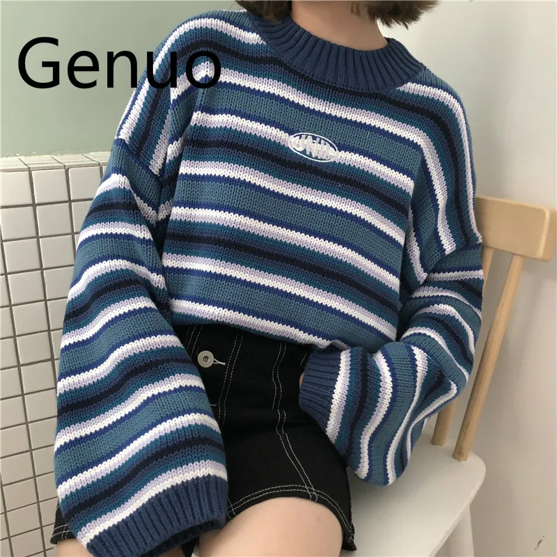 

Female Korean Harajuku Clothing For Women Loose Wild Striped Student Sweater Women's Sweaters Kawaii Ulzzang Pullover Jumper