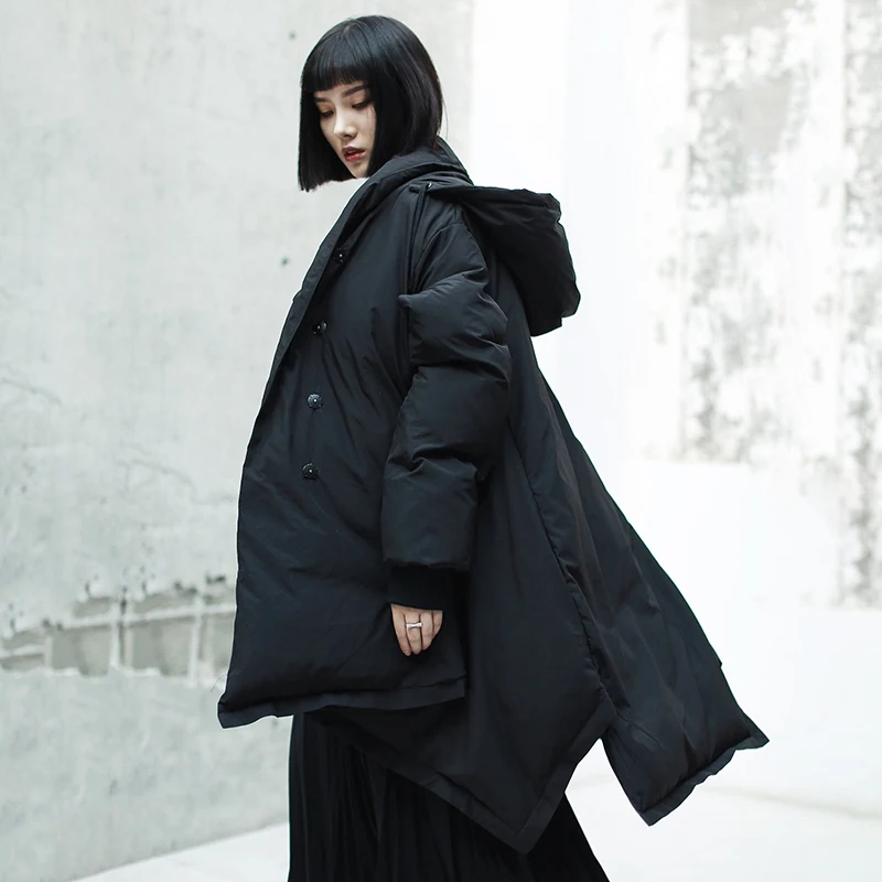 [EAM] 2019 New Spring Hooded Long Sleeve Black Loose Dovetail Large Size Cotton-padded Coat Women Parkas Fashion JK109