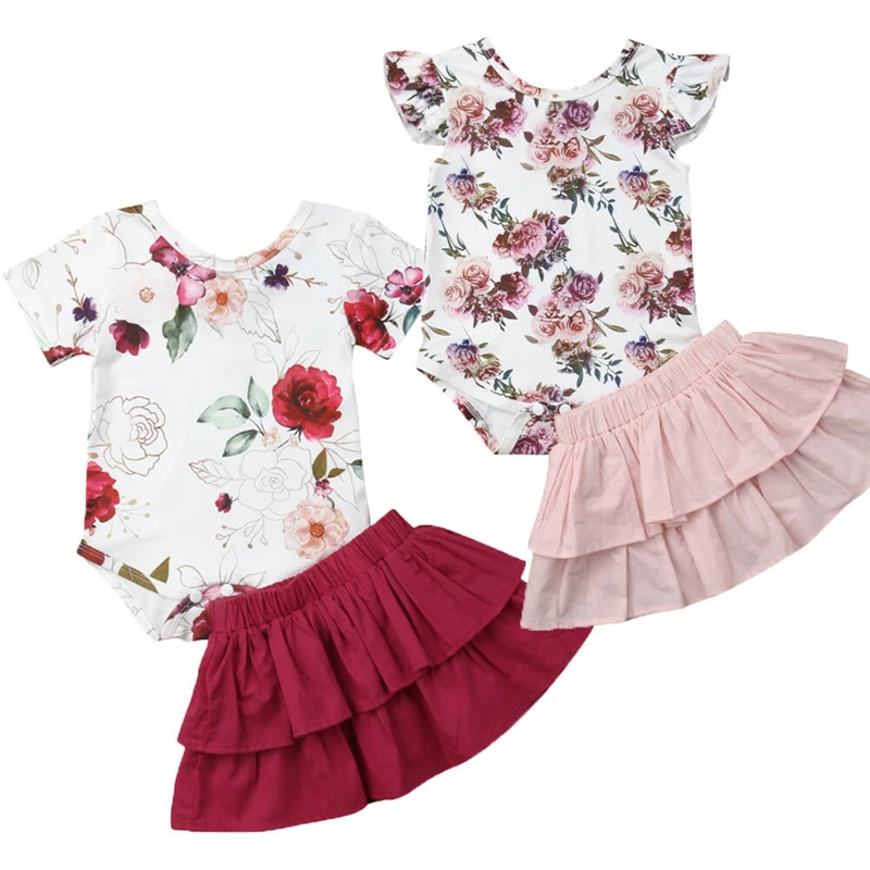 Милые комплекты для новорожденных девочек, боди с короткими рукавами и цветочным принтом, топы с рисунком Картера+ юбка-пачка с оборками, комплекты одежды из 2 предметов для девочек