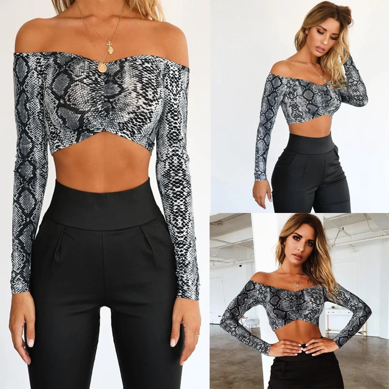 مثير أزياء النساء المحاصيل قمم للدبابات معطلة الكتف جلد الثعبان كامل كم Clubwear المحاصيل قمم السيدات شعبية قصيرة الملابس جديد مثير أزياء النساء المحاصيل قمم للدبابات معطلة الكتف جلد الثعبان كامل كم Clubwear المحاصيل قمم السيدات شعبية قصيرة الملابس جديد