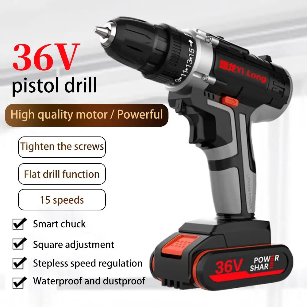 

36V Electric Impact Cordless Drill 5200mAh 1/2 Lithium Battery Wireless Rechargeable Hand Drill Home DIY Electric Power Tools