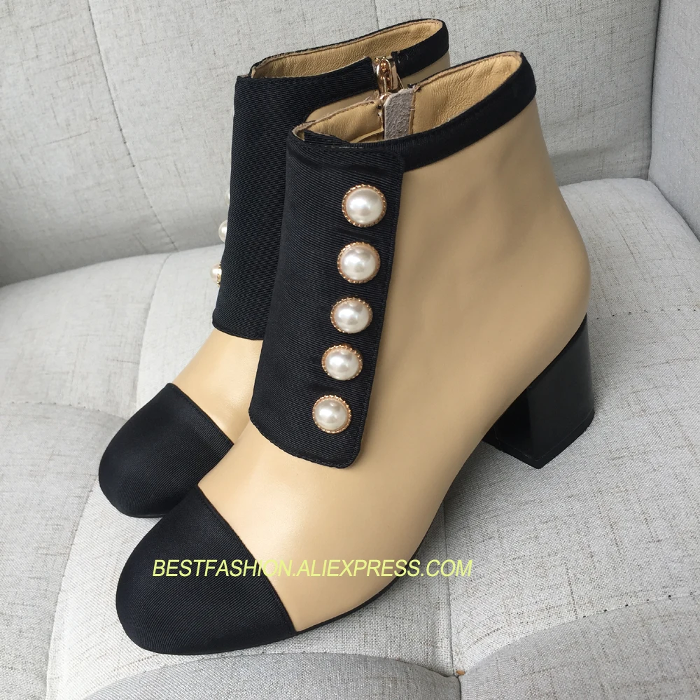 

Hot Pearls Round Toe Ankle Boots Woman Genuine Leather Med Heels Office Dress Boots Design Woman Lady Boots Zapatos Mujer Tide