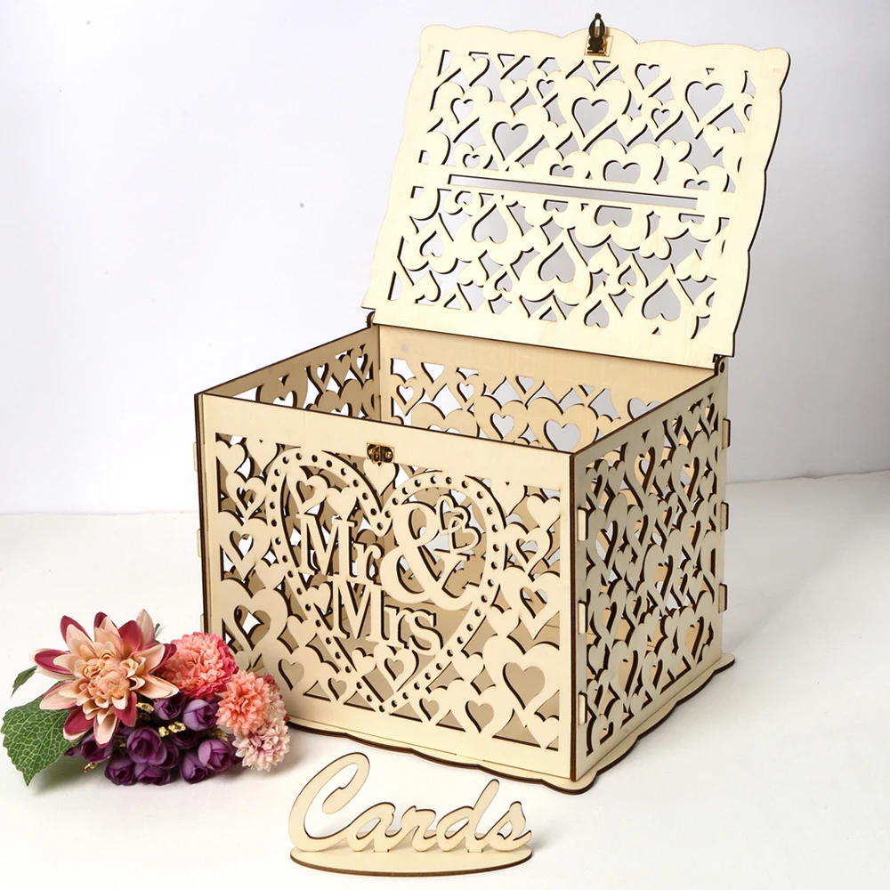 Новые горячие коробки для свадебных карт полые деревянные коробки для DIY свадебная открытка коробка деревянная коробка для денег с замком Свадебные украшения
