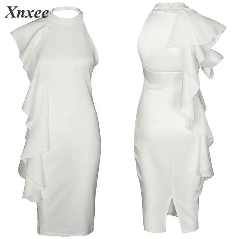 Белое платье с оборками, женское однотонное платье в рубчик, повседневные облегающие платья, модный стиль, воротник-стойка с открытой спиной
