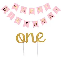 LumiParty ורוד שמח יום הולדת דגל זהב שני-צדדי אחד צורת עוגת טופר לילדים 1st מסיבת יום הולדת-25(China)