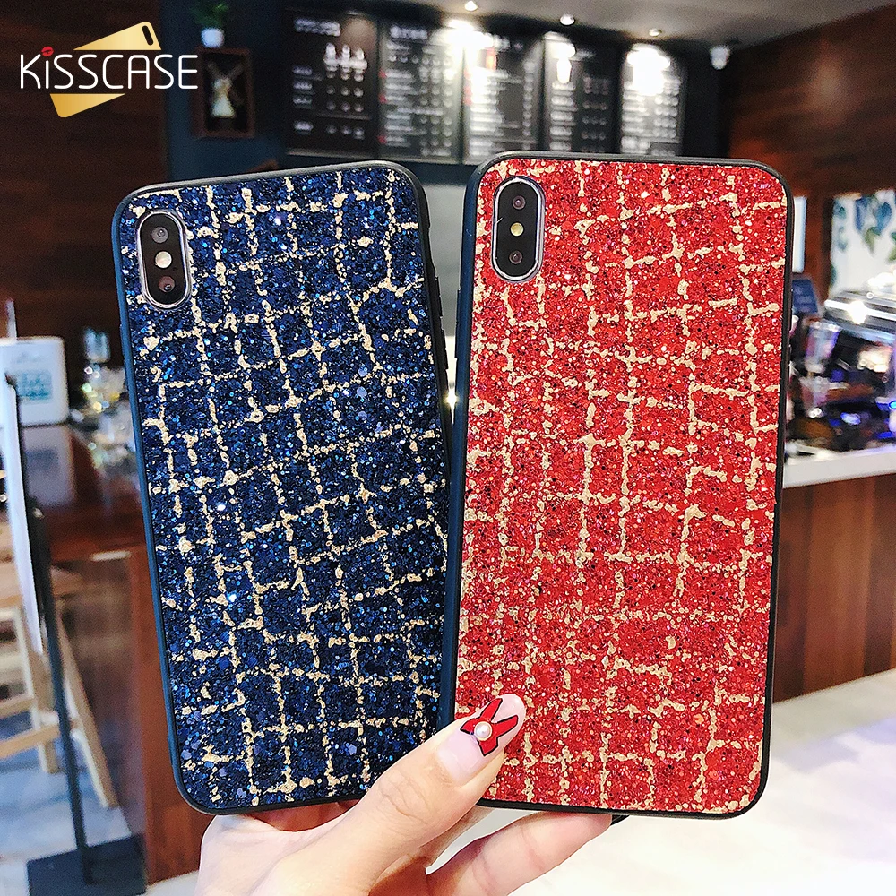 KISSCASE Bling Grid Case for iPhone 7 8 6 6s plus Phone Bag case X XS MAX XR Fundas 5 Glitter Back Cover |