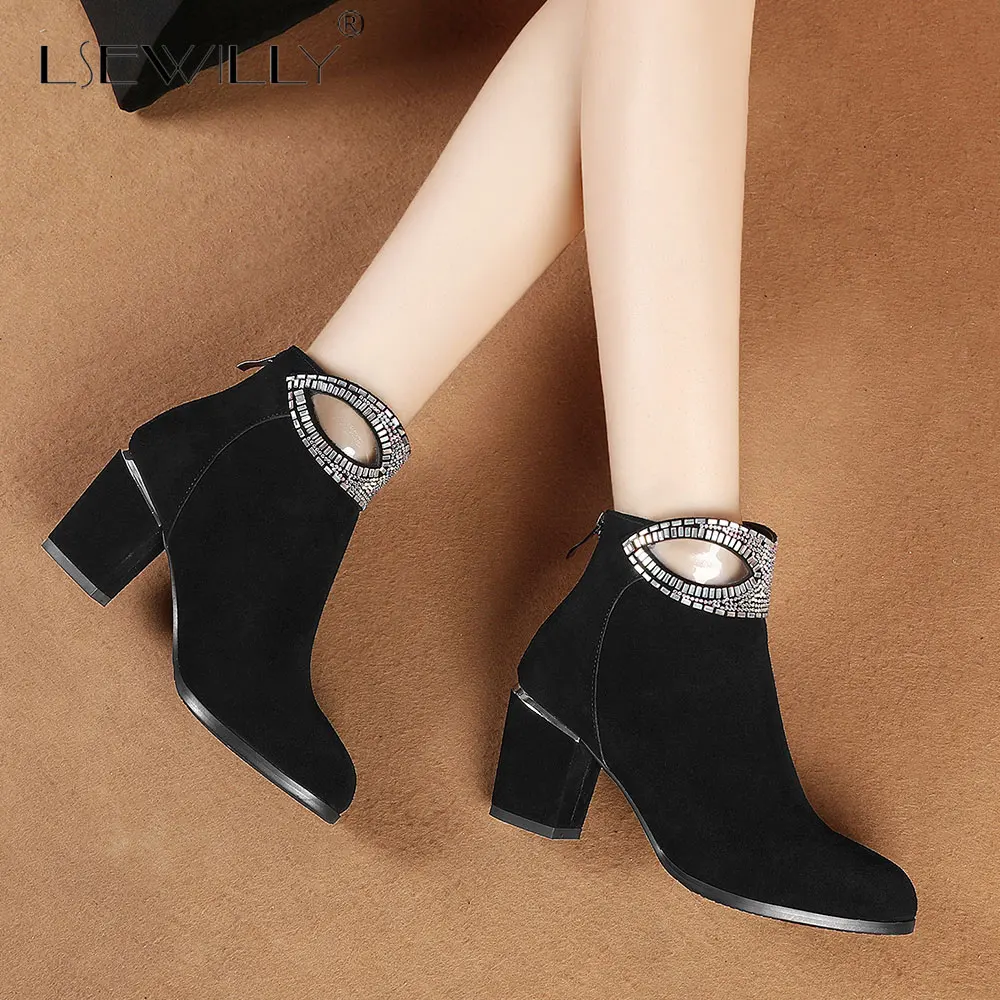 

Lsewilly Fashion Women Ankle Boots Autumn Winter Warm High Heels Shoes Woman Cow Suede Round Toe Rhinestone Party Boots E390