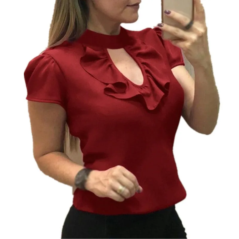 2019 verano Mujer Oficina blusas moda manga corta volantes camisa Casual elegante cuello redondo ahueca hacia camisas|Blusas y - AliExpress
