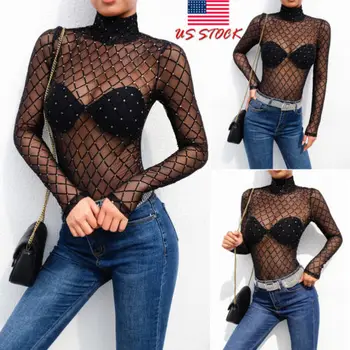 

Womens Ladies Sheer Mesh Fishnet Turtleneck Long Sleeve See-through Bodysuit Bodycon Leotard Vest Top Jumpsuits