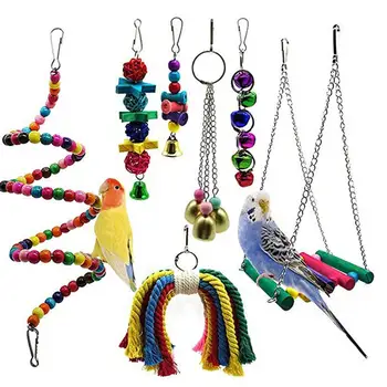 

7pcs/Set Multi-Choice Pet Bird Parrot Bell Toy Christmas Wooden Rattan Toys Chew Bite Toys Pet Bird Cage Hanging Decor