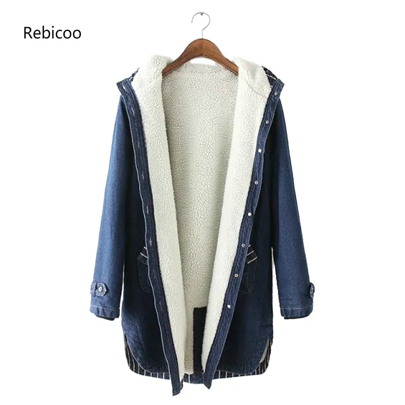 astounding New Winter Women Lamb Fur Parka Coat Warm Hooded Fur Denim Jacket Big Size Casual JeanCoat Female T