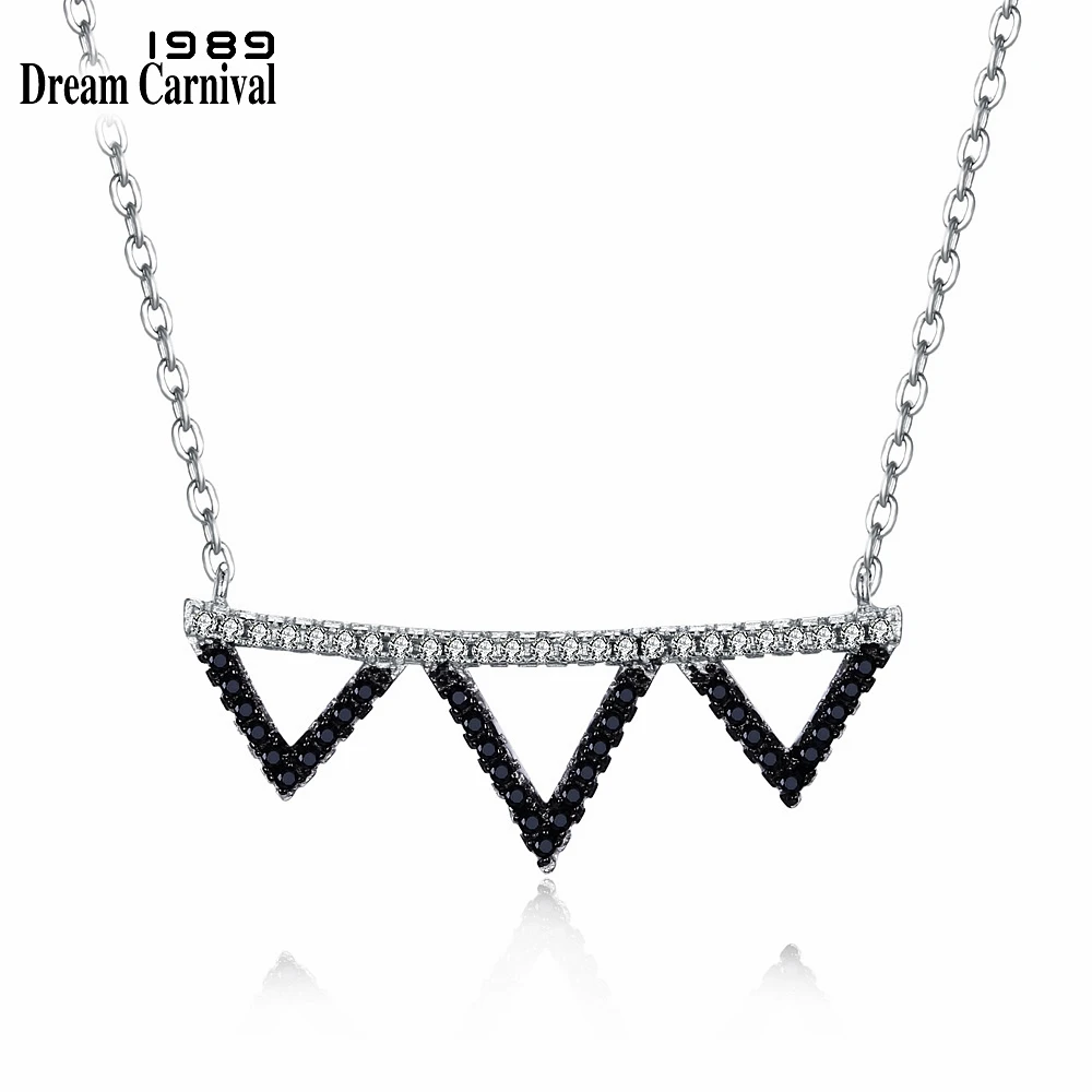 

DreamCarnival 1989 Silver 925 Triple Triangle White Black Cubic Zirconia Cute Girl Fashion Pendant Necklaces for Women SN03691RB