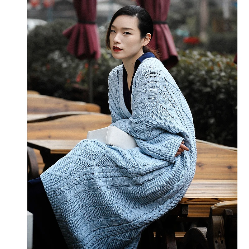 Couleur Chandail Manches J72905 Mode Solide Poitrine Manteau Veste navy Blue Grande Taille Épaississement Femmes Longues Nouveau 2018 ewq Blue Automne Unique Lâche wSPPq0