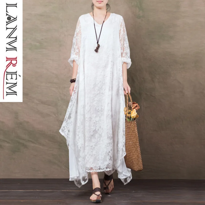 

LANMREM 2019 Spring Summre New Red Hollow Out Lace Long Sleeve Round Collar Irregular Fake Two Piece Ladies Loose Dresses EF396