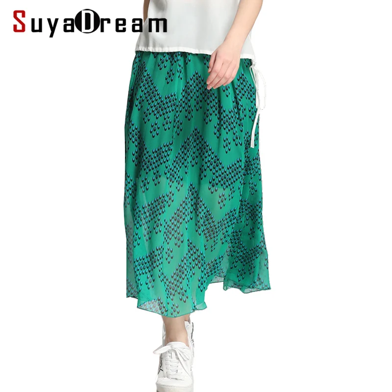 Women Skirt 100%Real Silk Printed Skirt for Women Dould layers A-Line Long Skirts Elastic Waist 2019 New Spring Green