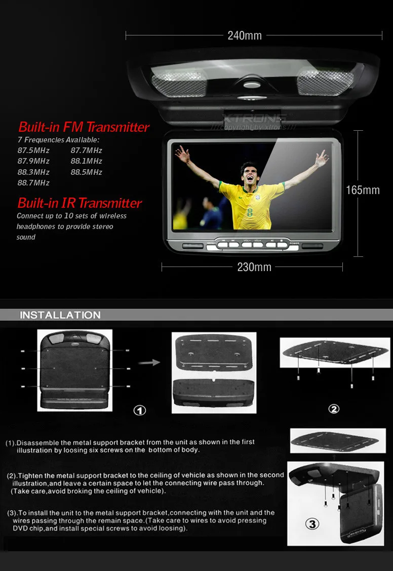 Sale 9 Inch Black Color (Grey & Beige Optional) Flip Down Car DVD Car Roof Monitor Roof Mounted Car DVD with Built in Speaker 5