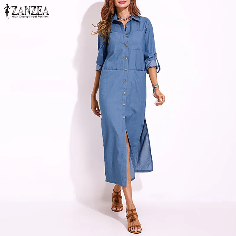 

ZANZEA Women's Sundress Shirt Dresses 2019 Kaftan Button Down Maxi Vestidos Female Split Jeans Party Robe Denim Dress Oversized