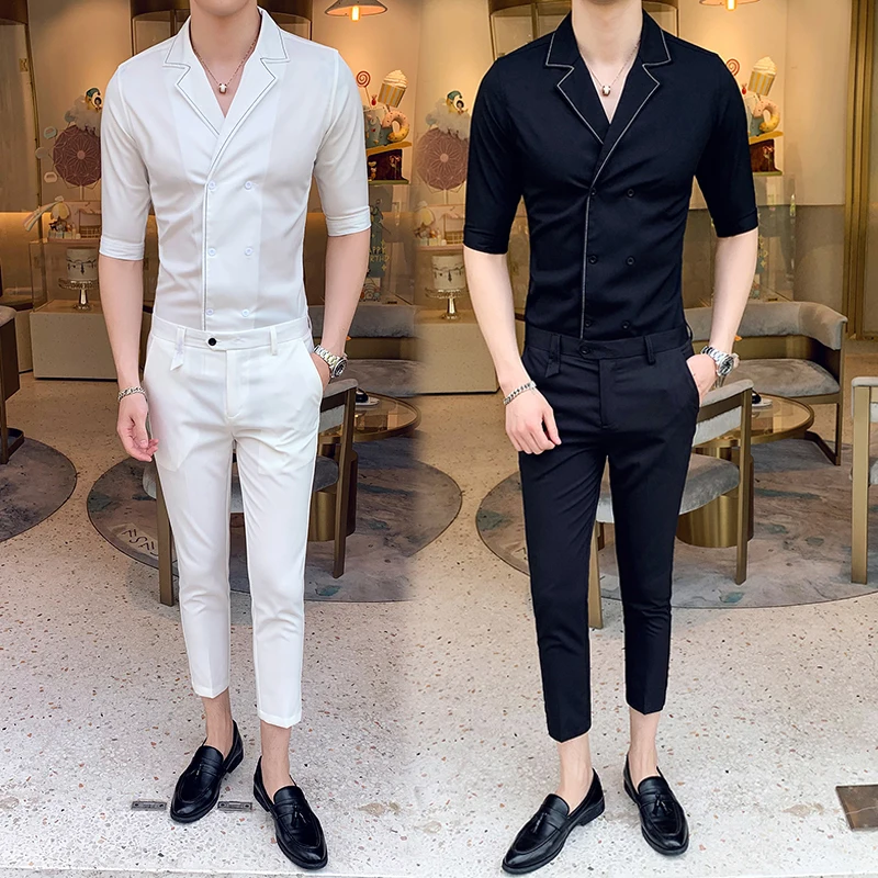Летние однотонные Цвет двубортное 2 шт наборы Для мужчин Ropa De Hombre Slim Fit Erkek Giyim
