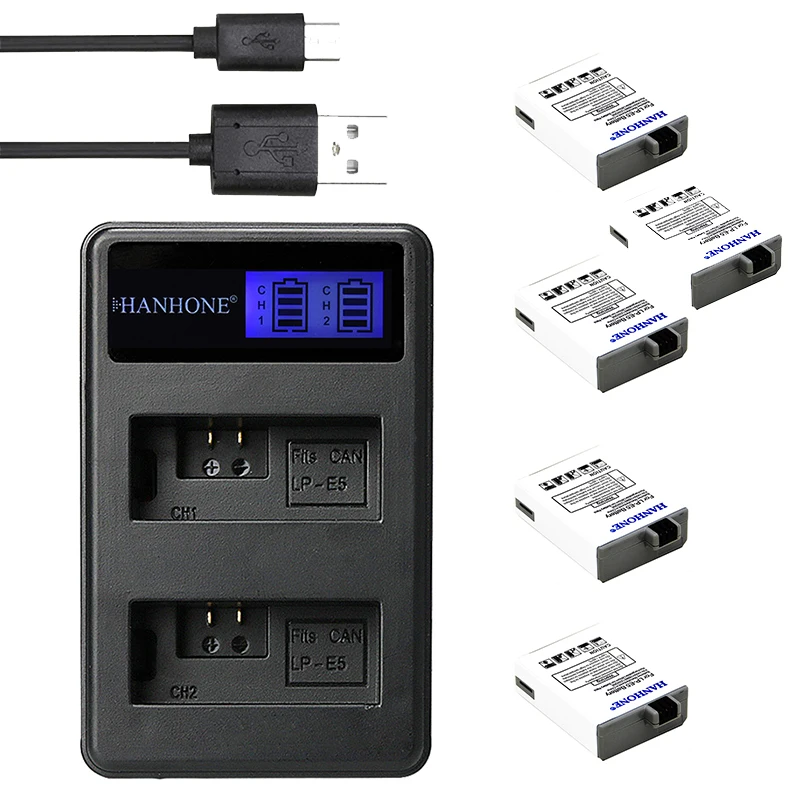 5 шт 2200 mAh LP-E5 LPE5 LP E5 Камера Батарея+ LCD Dual charger для Canon 450D 1000D 500D Поцелуй Цифровой X2 X3 F Rebel XSi Xli XS