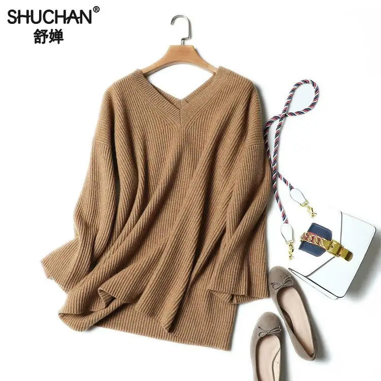 

SHUCHAN Pullover Female V-neck Three Quarter Sleeve Solid Sweater Female Knitted Cashmere Sweaters For Women White 17530